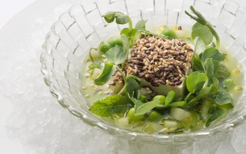 Chilled bean curd, fresh garden peas with minted cucumber consomme and flaxseeds | Image courtesy of The Upper House