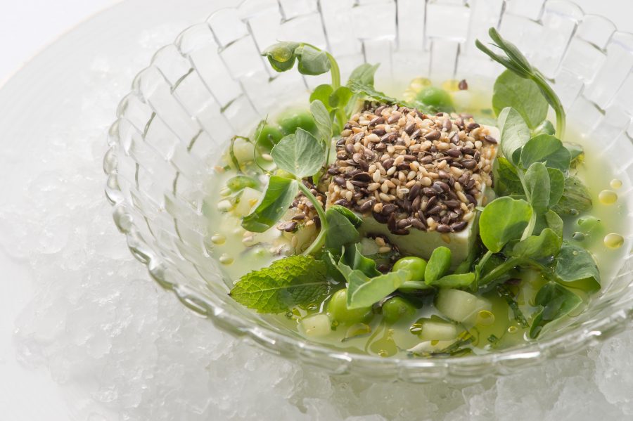Chilled bean curd, fresh garden peas with minted cucumber consomme and flaxseeds | Image courtesy of The Upper House
