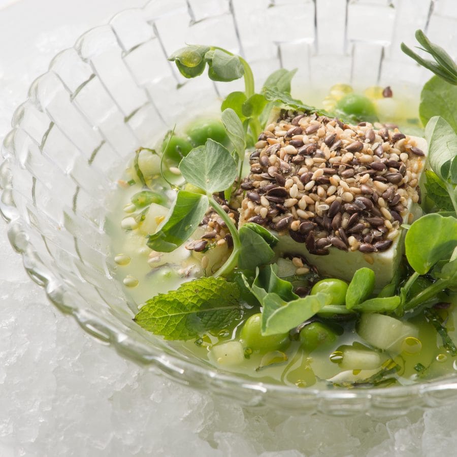 Chilled bean curd, fresh garden peas with minted cucumber consomme and flaxseeds | Image courtesy of The Upper House